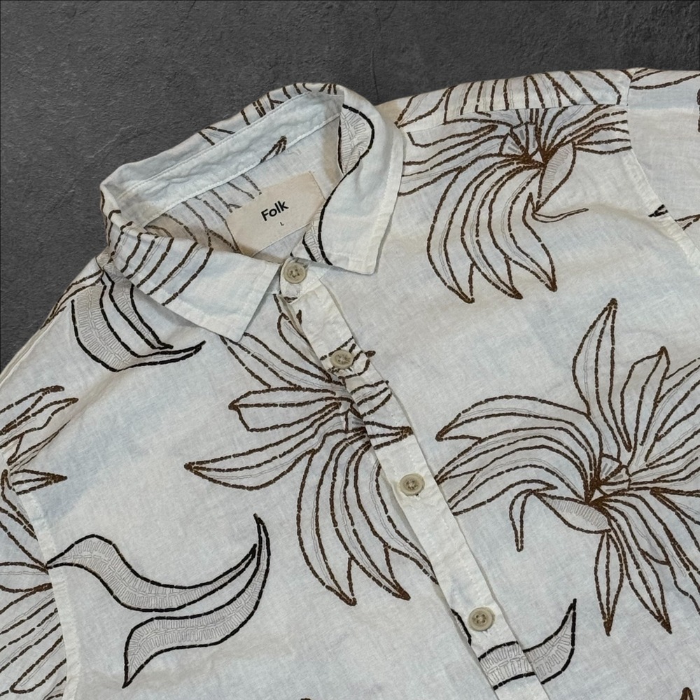 Folk Men's Linen Blend Short Sleeve Button Up Shirt White Floral Embroidered L